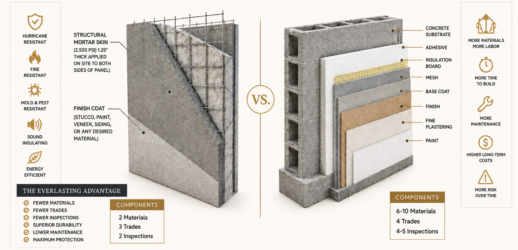 Side-by-side comparison of a SCIP panel wall and conventional poured concrete construction